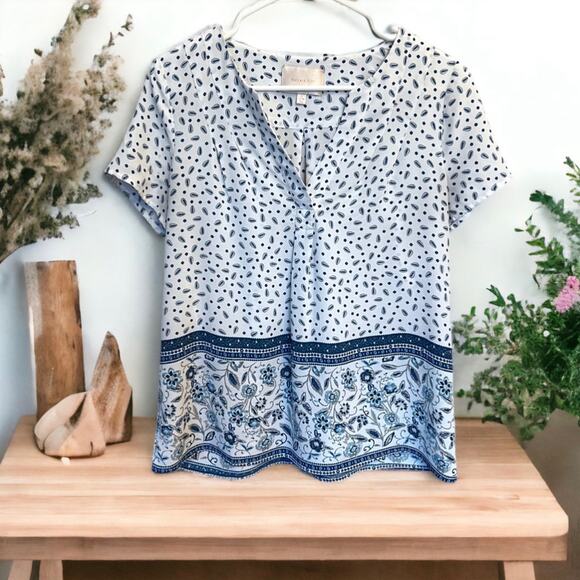 Womens Skies Are Blue Blue White Print Boho Flowy Lightweight Blouse Size XS - Picture 2 of 12